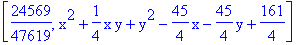 [24569/47619, x^2+1/4*x*y+y^2-45/4*x-45/4*y+161/4]